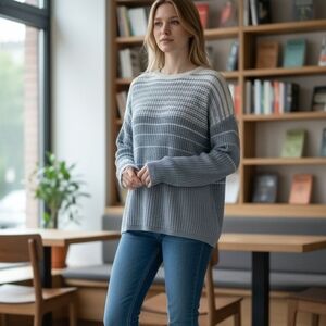 EUC Tahari Size XS Gray Blue Striped Drop Shoulder Boat Neck Sweater!